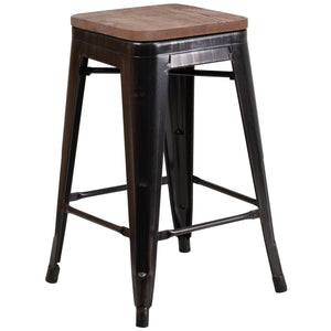 English Elm Lily 24" High Backless Metal Counter Stool with Stylish Wood Seat for Modern Industrial Spaces Black-Antique Gold CH-31320-24-BQ-WD-GG