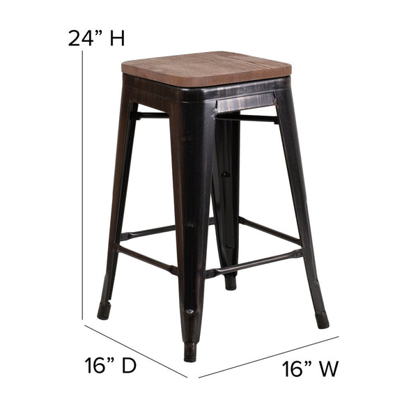 English Elm Lily 24" High Backless Metal Counter Stool with Stylish Wood Seat for Modern Industrial Spaces Black-Antique Gold CH-31320-24-BQ-WD-GG