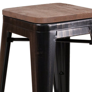 English Elm Lily 24" High Backless Metal Counter Stool with Stylish Wood Seat for Modern Industrial Spaces Black-Antique Gold CH-31320-24-BQ-WD-GG