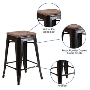 English Elm Lily 24" High Backless Metal Counter Stool with Stylish Wood Seat for Modern Industrial Spaces Black-Antique Gold CH-31320-24-BQ-WD-GG