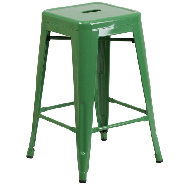 English Elm Kai Commercial Grade 24" High Backless Metal Counter Stool for Indoor-Outdoor Dining Spaces Green CH-31320-24-GN-GG