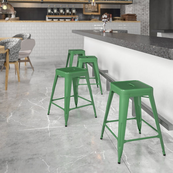 English Elm Kai Commercial Grade 24" High Backless Metal Counter Stool for Indoor-Outdoor Dining Spaces Green CH-31320-24-GN-GG