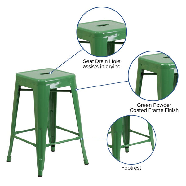English Elm Kai Commercial Grade 24" High Backless Metal Counter Stool for Indoor-Outdoor Dining Spaces Green CH-31320-24-GN-GG