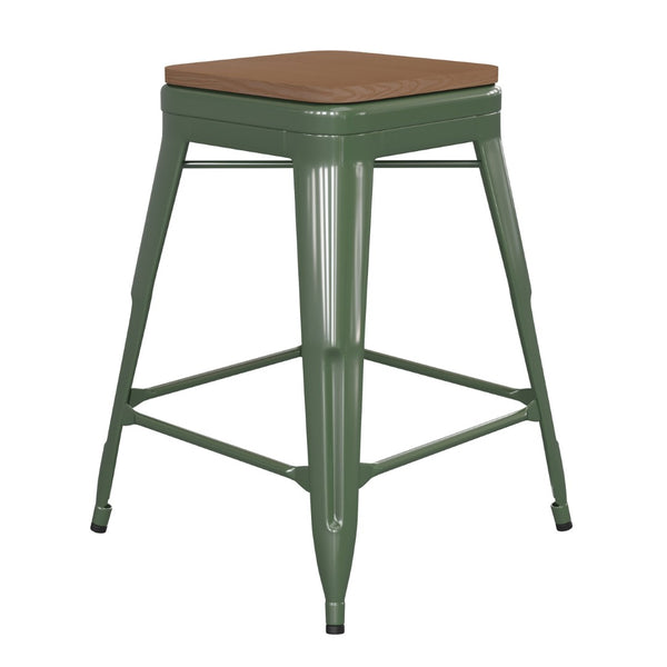 English Elm Kai Commercial Grade 24" Backless Metal Counter Stool for Indoor-Outdoor Use - Durable & Stylish Design Teak Seat/Green Frame CH-31320-24-GN-PL2T-GG