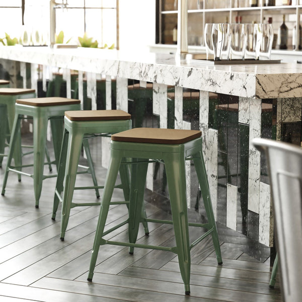 English Elm Kai Commercial Grade 24" Backless Metal Counter Stool for Indoor-Outdoor Use - Durable & Stylish Design Teak Seat/Green Frame CH-31320-24-GN-PL2T-GG