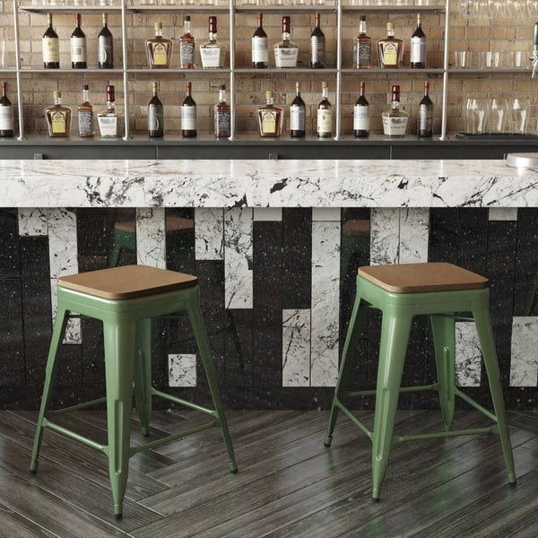 English Elm Kai Commercial Grade 24" Backless Metal Counter Stool for Indoor-Outdoor Use - Durable & Stylish Design Teak Seat/Green Frame CH-31320-24-GN-PL2T-GG