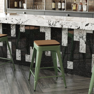 English Elm Kai Commercial Grade 24" Backless Metal Counter Stool for Indoor-Outdoor Use - Durable & Stylish Design Teak Seat/Green Frame CH-31320-24-GN-PL2T-GG