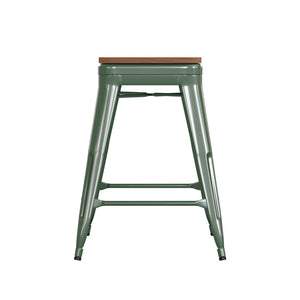 English Elm Kai Commercial Grade 24" Backless Metal Counter Stool for Indoor-Outdoor Use - Durable & Stylish Design Teak Seat/Green Frame CH-31320-24-GN-PL2T-GG
