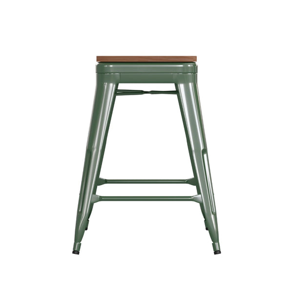 English Elm Kai Commercial Grade 24" Backless Metal Counter Stool for Indoor-Outdoor Use - Durable & Stylish Design Teak Seat/Green Frame CH-31320-24-GN-PL2T-GG