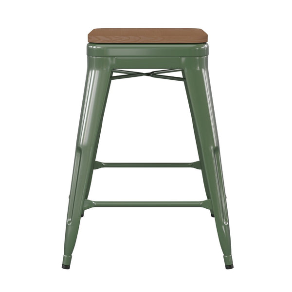 English Elm Kai Commercial Grade 24" Backless Metal Counter Stool for Indoor-Outdoor Use - Durable & Stylish Design Teak Seat/Green Frame CH-31320-24-GN-PL2T-GG