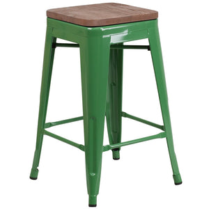 English Elm Lily 24" High Backless Metal Counter Stool with Stylish Wood Seat for Modern Industrial Spaces Green CH-31320-24-GN-WD-GG