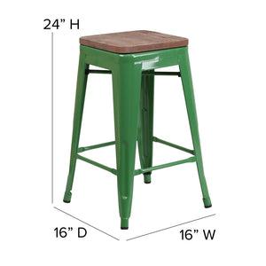 English Elm Lily 24" High Backless Metal Counter Stool with Stylish Wood Seat for Modern Industrial Spaces Green CH-31320-24-GN-WD-GG