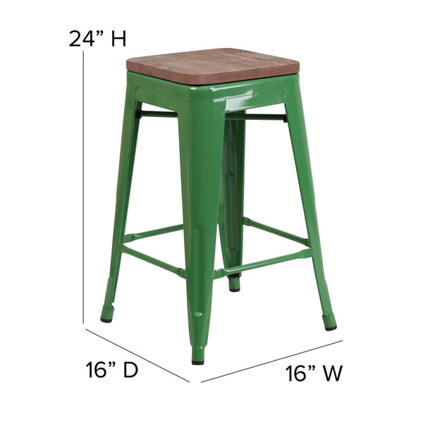 English Elm Lily 24" High Backless Metal Counter Stool with Stylish Wood Seat for Modern Industrial Spaces Green CH-31320-24-GN-WD-GG