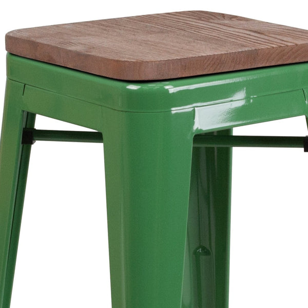 English Elm Lily 24" High Backless Metal Counter Stool with Stylish Wood Seat for Modern Industrial Spaces Green CH-31320-24-GN-WD-GG