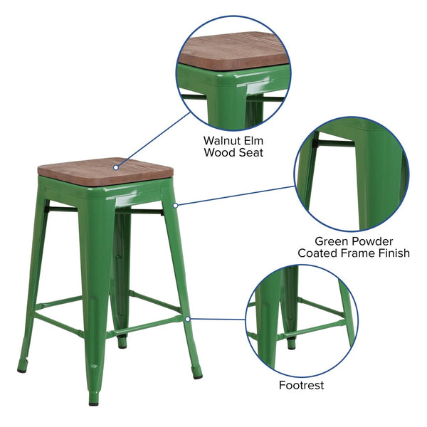 English Elm Lily 24" High Backless Metal Counter Stool with Stylish Wood Seat for Modern Industrial Spaces Green CH-31320-24-GN-WD-GG