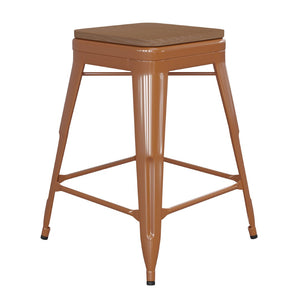 English Elm Kai Commercial Grade 24" Backless Metal Counter Stool for Indoor-Outdoor Use - Durable & Stylish Design Teak Seat/Orange Frame CH-31320-24-OR-PL2T-GG