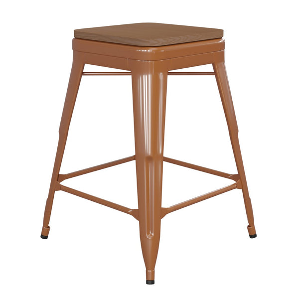 English Elm Kai Commercial Grade 24" Backless Metal Counter Stool for Indoor-Outdoor Use - Durable & Stylish Design Teak Seat/Orange Frame CH-31320-24-OR-PL2T-GG
