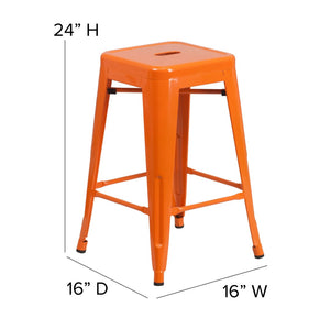 English Elm Kai Commercial Grade 24" Backless Metal Counter Stool for Indoor-Outdoor Use - Durable & Stylish Design Teak Seat/Orange Frame CH-31320-24-OR-PL2T-GG