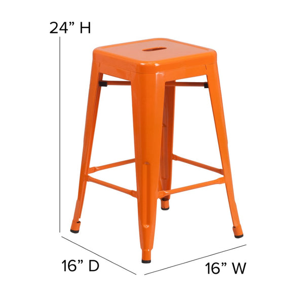 English Elm Kai Commercial Grade 24" Backless Metal Counter Stool for Indoor-Outdoor Use - Durable & Stylish Design Teak Seat/Orange Frame CH-31320-24-OR-PL2T-GG
