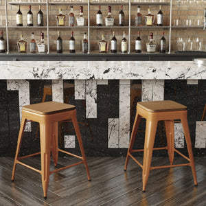 English Elm Kai Commercial Grade 24" Backless Metal Counter Stool for Indoor-Outdoor Use - Durable & Stylish Design Teak Seat/Orange Frame CH-31320-24-OR-PL2T-GG