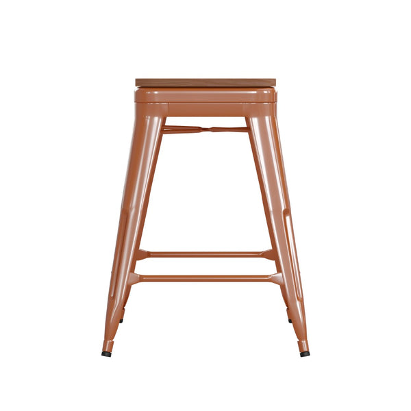 English Elm Kai Commercial Grade 24" Backless Metal Counter Stool for Indoor-Outdoor Use - Durable & Stylish Design Teak Seat/Orange Frame CH-31320-24-OR-PL2T-GG