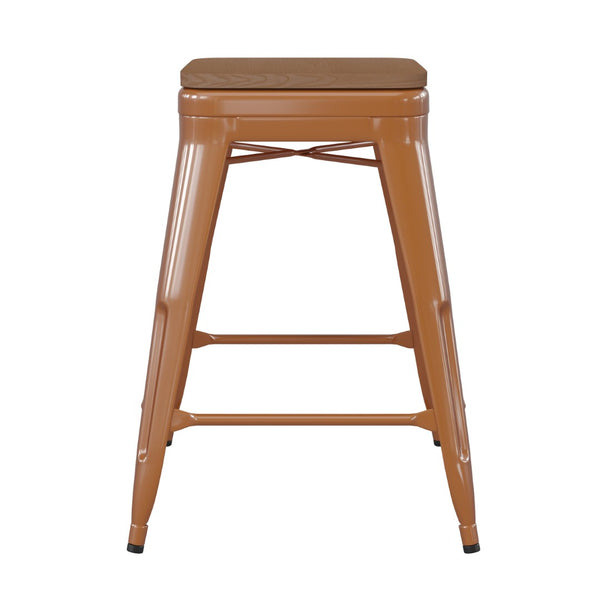 English Elm Kai Commercial Grade 24" Backless Metal Counter Stool for Indoor-Outdoor Use - Durable & Stylish Design Teak Seat/Orange Frame CH-31320-24-OR-PL2T-GG