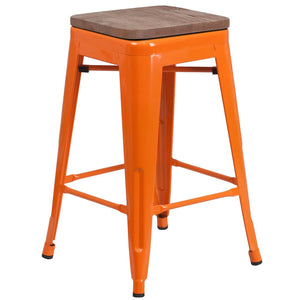 English Elm Lily 24" High Backless Metal Counter Stool with Stylish Wood Seat for Modern Industrial Spaces Orange CH-31320-24-OR-WD-GG