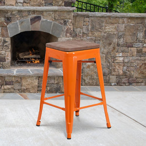English Elm Lily 24" High Backless Metal Counter Stool with Stylish Wood Seat for Modern Industrial Spaces Orange CH-31320-24-OR-WD-GG