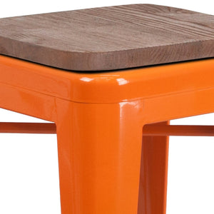 English Elm Lily 24" High Backless Metal Counter Stool with Stylish Wood Seat for Modern Industrial Spaces Orange CH-31320-24-OR-WD-GG