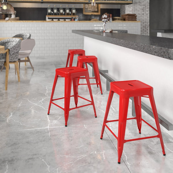 English Elm Kai Commercial Grade 24" High Backless Metal Counter Stool for Indoor-Outdoor Dining Spaces Red CH-31320-24-RED-GG