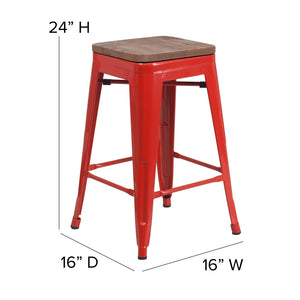 English Elm Lily 24" High Backless Metal Counter Stool with Stylish Wood Seat for Modern Industrial Spaces Red CH-31320-24-RED-WD-GG
