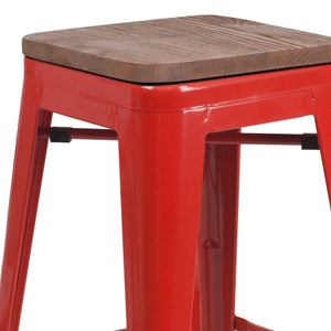 English Elm Lily 24" High Backless Metal Counter Stool with Stylish Wood Seat for Modern Industrial Spaces Red CH-31320-24-RED-WD-GG