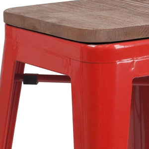 English Elm Lily 24" High Backless Metal Counter Stool with Stylish Wood Seat for Modern Industrial Spaces Red CH-31320-24-RED-WD-GG