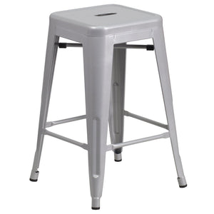 English Elm Kai Commercial Grade 24" High Backless Metal Counter Stool for Indoor-Outdoor Dining Spaces Silver CH-31320-24-SIL-GG