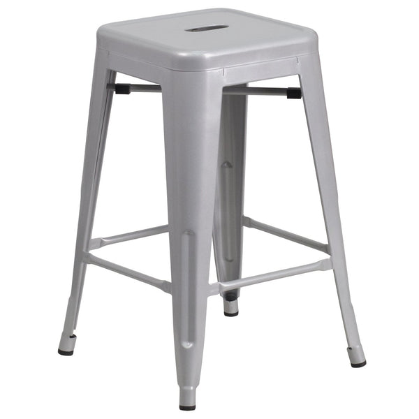 English Elm Kai Commercial Grade 24" High Backless Metal Counter Stool for Indoor-Outdoor Dining Spaces Silver CH-31320-24-SIL-GG