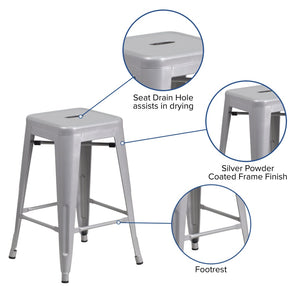 English Elm Kai Commercial Grade 24" High Backless Metal Counter Stool for Indoor-Outdoor Dining Spaces Silver CH-31320-24-SIL-GG