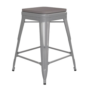 English Elm Kai Commercial Grade 24" Backless Metal Counter Stool for Indoor-Outdoor Use - Durable & Stylish Design Gray Seat/Silver Frame CH-31320-24-SIL-PL2G-GG