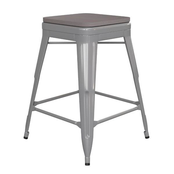 English Elm Kai Commercial Grade 24" Backless Metal Counter Stool for Indoor-Outdoor Use - Durable & Stylish Design Gray Seat/Silver Frame CH-31320-24-SIL-PL2G-GG