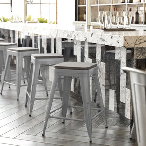 English Elm Kai Commercial Grade 24" Backless Metal Counter Stool for Indoor-Outdoor Use - Durable & Stylish Design Gray Seat/Silver Frame CH-31320-24-SIL-PL2G-GG