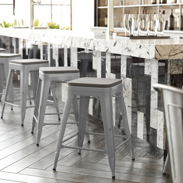 English Elm Kai Commercial Grade 24" Backless Metal Counter Stool for Indoor-Outdoor Use - Durable & Stylish Design Gray Seat/Silver Frame CH-31320-24-SIL-PL2G-GG