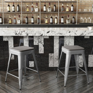 English Elm Kai Commercial Grade 24" Backless Metal Counter Stool for Indoor-Outdoor Use - Durable & Stylish Design Gray Seat/Silver Frame CH-31320-24-SIL-PL2G-GG
