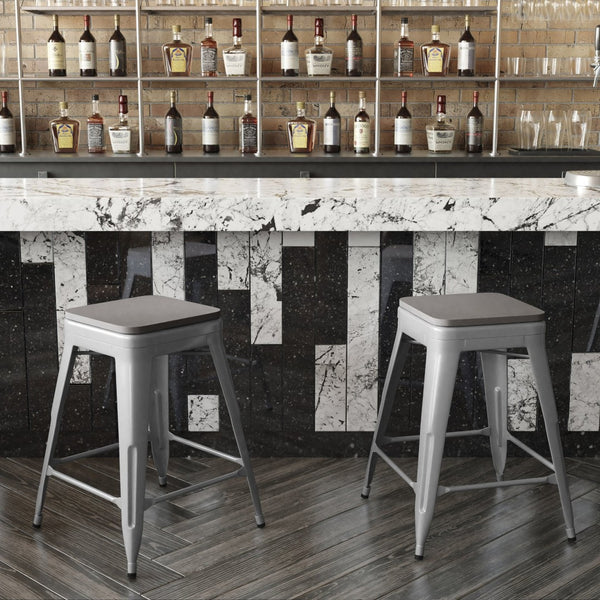 English Elm Kai Commercial Grade 24" Backless Metal Counter Stool for Indoor-Outdoor Use - Durable & Stylish Design Gray Seat/Silver Frame CH-31320-24-SIL-PL2G-GG
