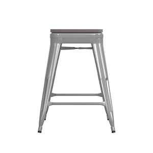 English Elm Kai Commercial Grade 24" Backless Metal Counter Stool for Indoor-Outdoor Use - Durable & Stylish Design Gray Seat/Silver Frame CH-31320-24-SIL-PL2G-GG