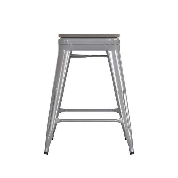 English Elm Kai Commercial Grade 24" Backless Metal Counter Stool for Indoor-Outdoor Use - Durable & Stylish Design Gray Seat/Silver Frame CH-31320-24-SIL-PL2G-GG