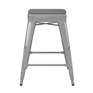 English Elm Kai Commercial Grade 24" Backless Metal Counter Stool for Indoor-Outdoor Use - Durable & Stylish Design Gray Seat/Silver Frame CH-31320-24-SIL-PL2G-GG