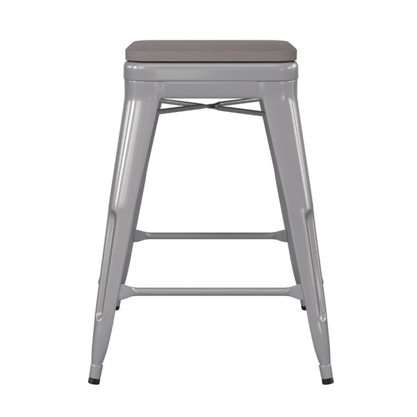 English Elm Kai Commercial Grade 24" Backless Metal Counter Stool for Indoor-Outdoor Use - Durable & Stylish Design Gray Seat/Silver Frame CH-31320-24-SIL-PL2G-GG