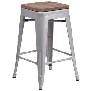 English Elm Lily 24" High Backless Metal Counter Stool with Stylish Wood Seat for Modern Industrial Spaces Silver CH-31320-24-SIL-WD-GG
