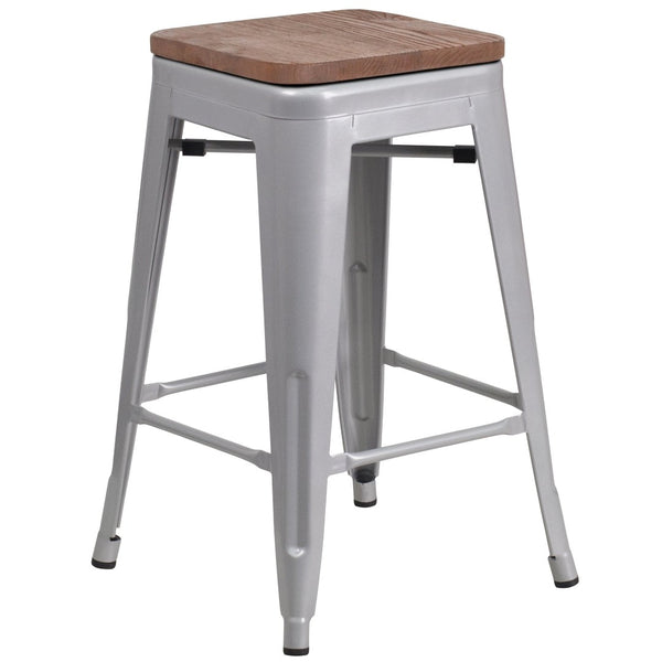 English Elm Lily 24" High Backless Metal Counter Stool with Stylish Wood Seat for Modern Industrial Spaces Silver CH-31320-24-SIL-WD-GG