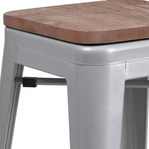 English Elm Lily 24" High Backless Metal Counter Stool with Stylish Wood Seat for Modern Industrial Spaces Silver CH-31320-24-SIL-WD-GG