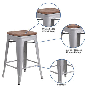 English Elm Lily 24" High Backless Metal Counter Stool with Stylish Wood Seat for Modern Industrial Spaces Silver CH-31320-24-SIL-WD-GG